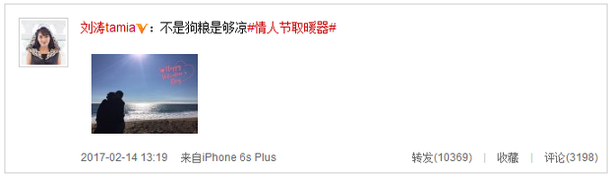 刘涛海边过情人节 网友：调个光大伙看得更清楚狗粮吃得更开心